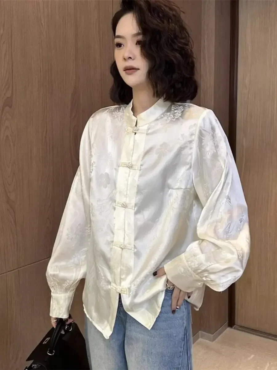 Camisa de manga larga de Jacquard bordada con hebilla de estilo chino para mujer, monos holgados con temperamento, Top para principios de primavera