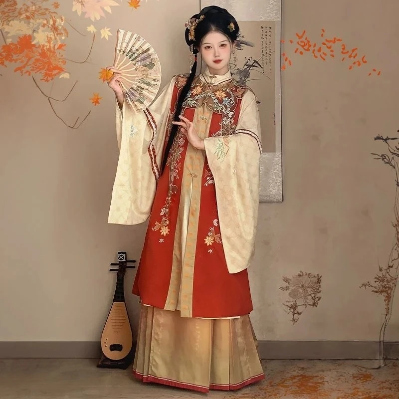 2025 autumn winter chinese ming dynasty style loose elegant hanfu stand collar shirt long horse face skirt embroidered hanfu set