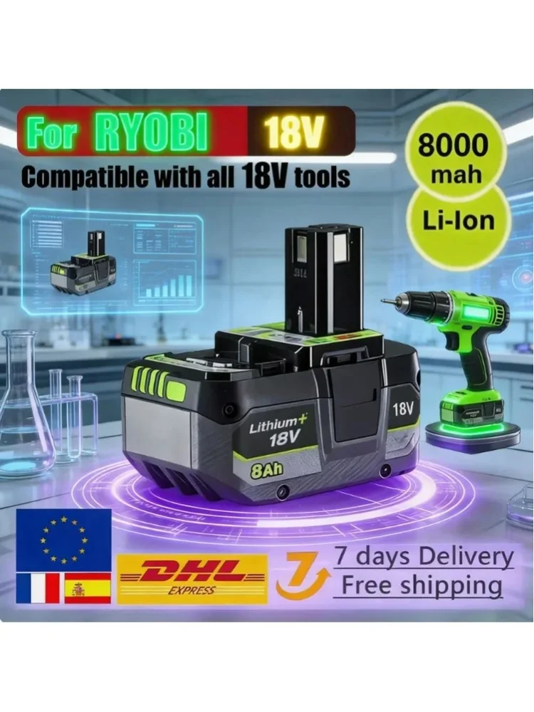 für RYOBI P108 18V 8000mAh 18650 Li-Ion Akku 2025 Upgrade Kompatibel mit P104 P107 RB18L50 RB18L20 Elektrowerkzeuge124