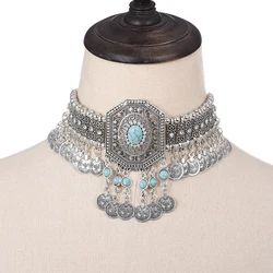 Ethnic Statement Collar Necklace for Women Choker Bohemian Vintage Hollow Geometric Crystal Rhinestone Beads Coin Tassel Jewelry