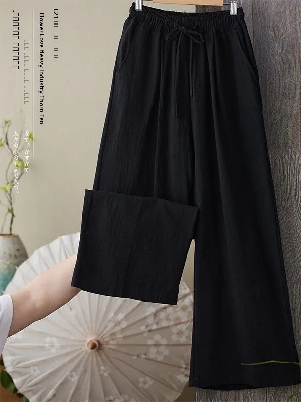 

Свободные широкие брюки из хлопка и льна для женщин, весна-осень, новинка, повседневные, с высокой талией, прямые брюки-юбка