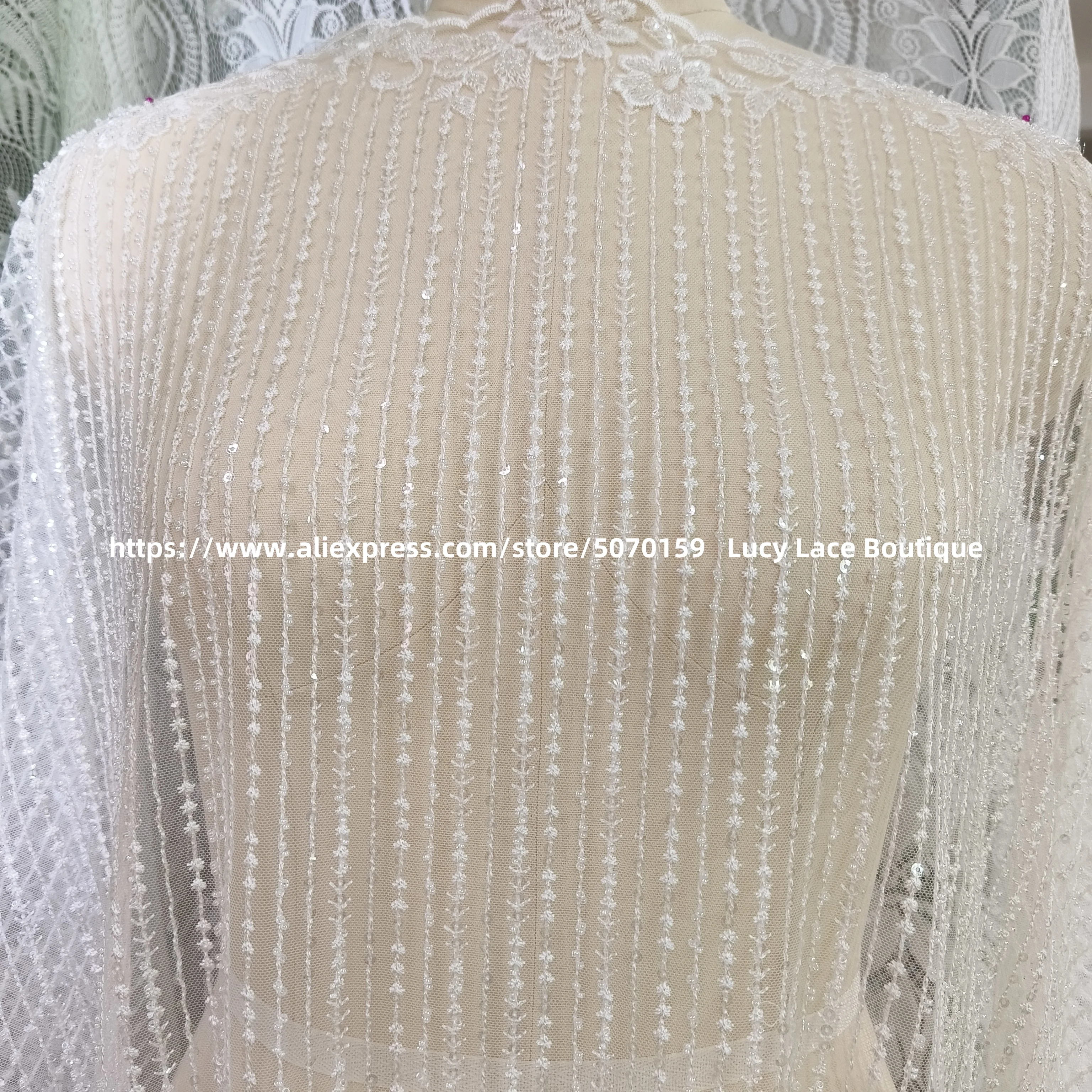 Luxury Heavy Beading Lace Fabric Ivory Wedding Dress Lace Embroidery Tulle Mesh Lace Bridal Gowns Lace Continuous GOOD Quality