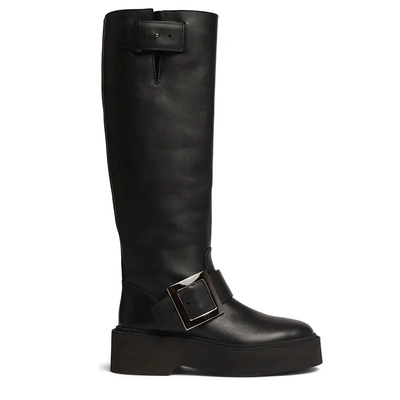 

Women's thick heeled boots with belt buckle and round toe midsole, autumn and winter, innovative