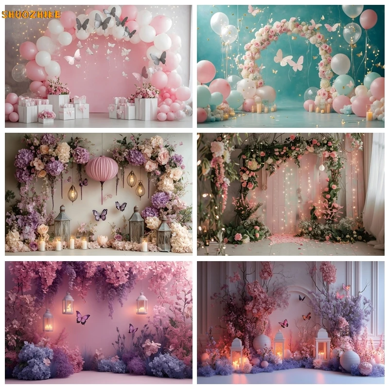 

Boys Girls Birthday Photography Background Cake Smash Party Kids Portrait Decor Balloons Butterfly Castle Backdrop Photo Props