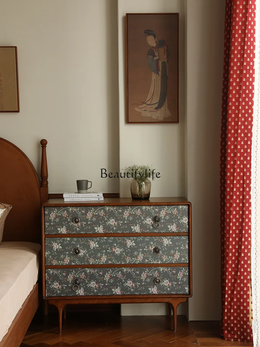 

Bedroom Retro Color Cherrywood French Style Storage Side Cabinet Solid Wood Storage Cabinet