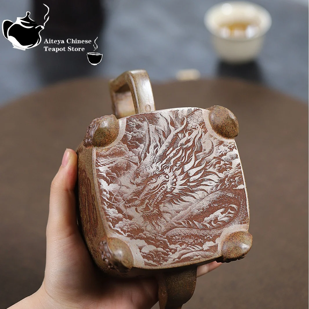 Yixing purple clay teapot raw ore section mud wood burning four legged dragon zun teapot Kung Fu tea set Chinese teapot 410ml