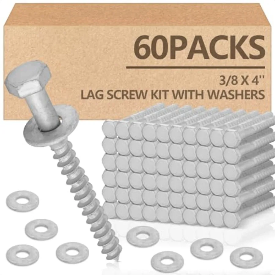 

60 Pack 3 8'' x 4'' Lag Screw Kit with Washers Hot Dip Gaanized Hex Lag Bolts Heavy Duty Wood Screws for Wood Decks Fences