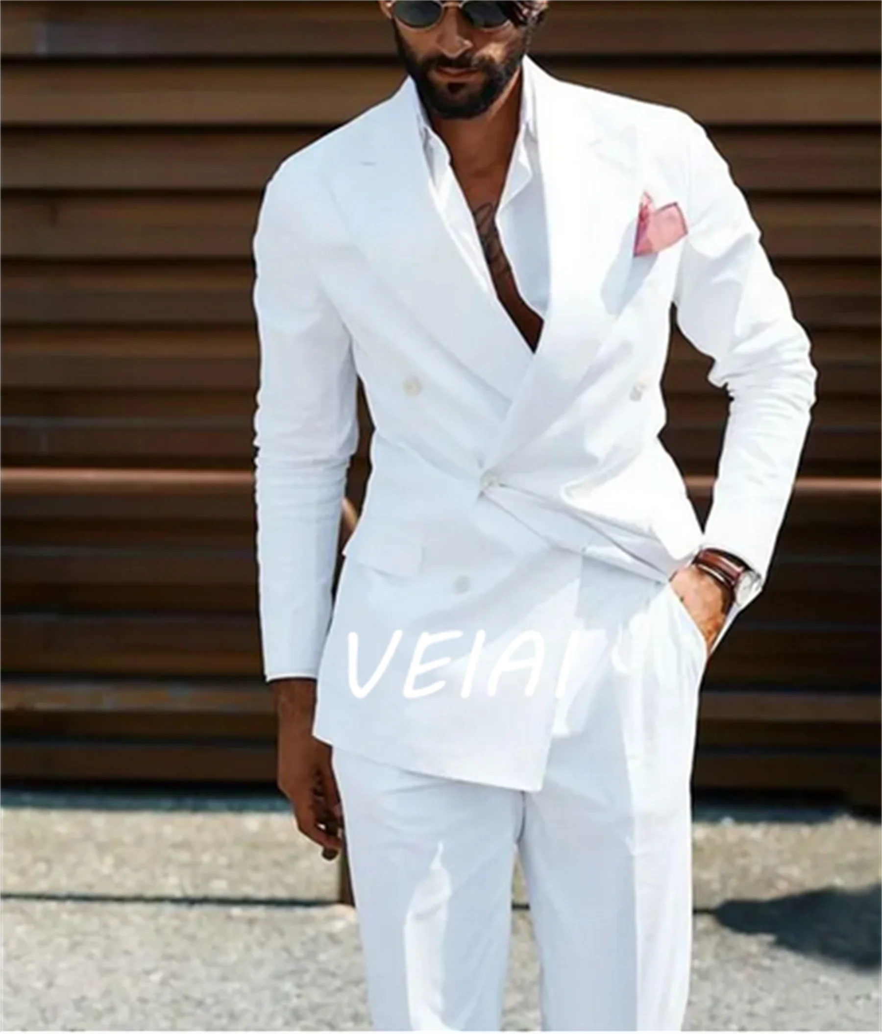 

CustomizedDouble Breasted Men Suits White Slim Fit Wedding Tuxedo for Groom 2 Piece Casual Style Male Fashion Jacket with Pants