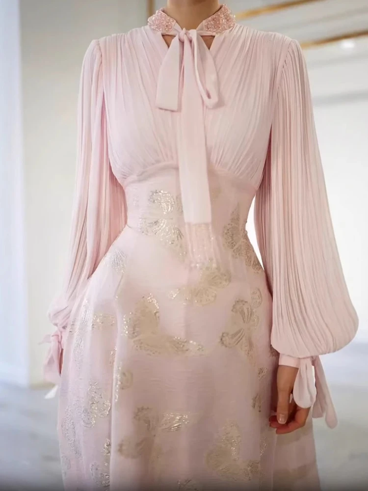 

New Bow Tie Up Women's Long Dress 2026 Elegant Printed Waist Swing Maxi Dress Spring Autumn Lantern Sleeve Design Party Dress