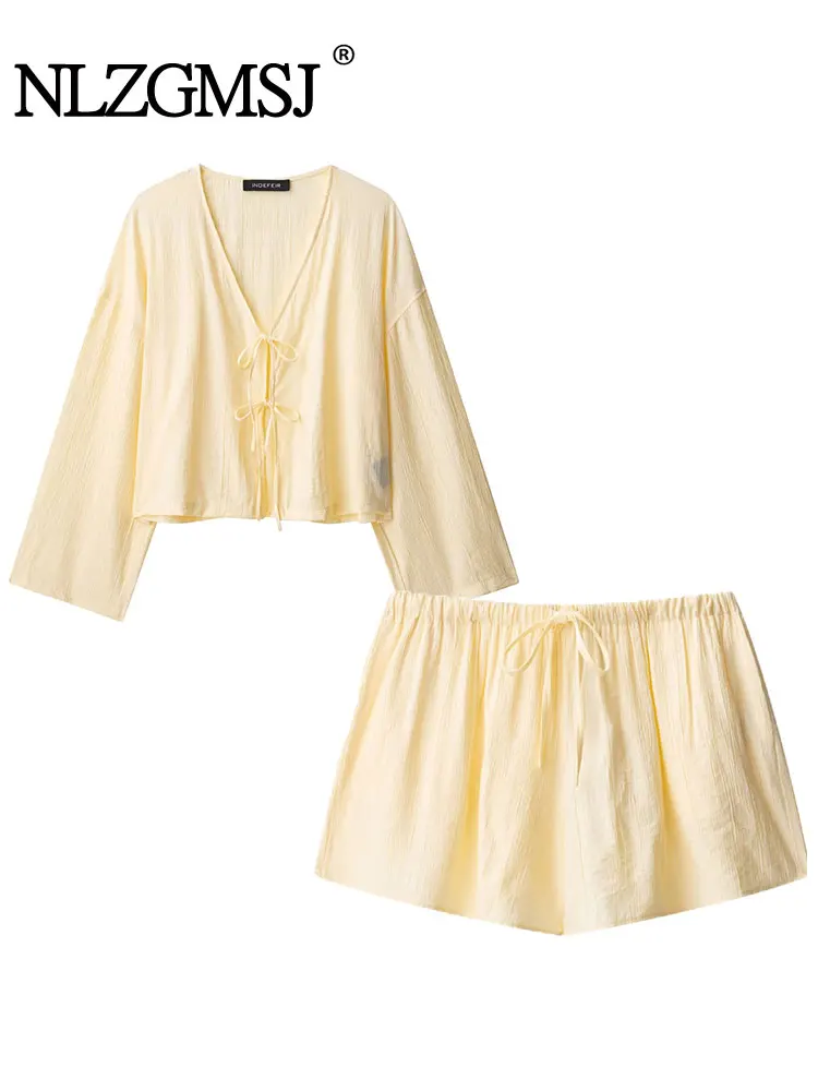 2025 Summer Causal Chic Women Suit Solid Single Breasted Long Sleeve Blouse Loose Shorts FashionFemale Set