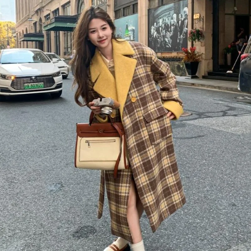 Temperament Plaid Patchwork Women Woolen Coat Winter Female High Sense Thicken Warm Outwear Long Below The Knee Fashion Outcoat