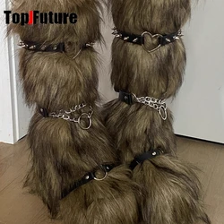 Subculture Fashion Harajuku punk Women Sweet Lolita Y2K GIRL fluffy Leather buckle chain brown Thick bottom Boots shoe increase
