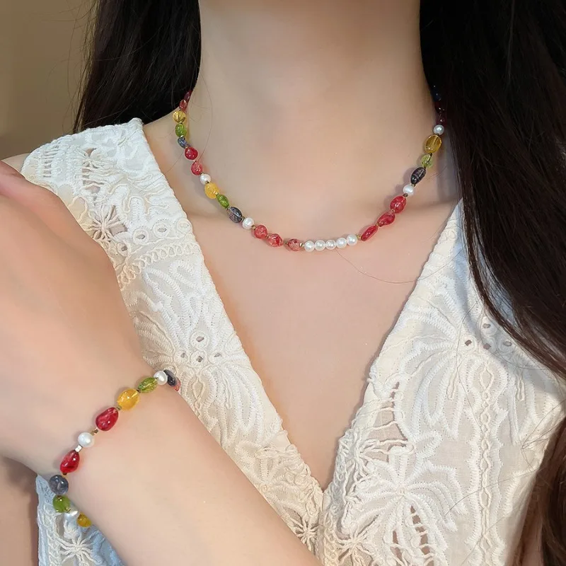Minar Boho Candy Color Irregular Natural Stone Faux Pearl Beads Beaded Necklace for Women 18K Gold Stainless Steel Strand Choker