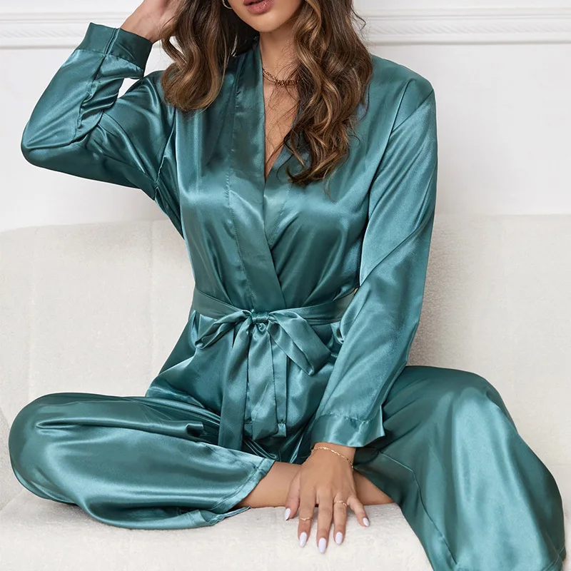 

Deep V-Neck Sleepwear With Trousers Satin Women Pajamas Pour Femme Nightgown Casual Home Clothes Sexy Nightwear Lingerie