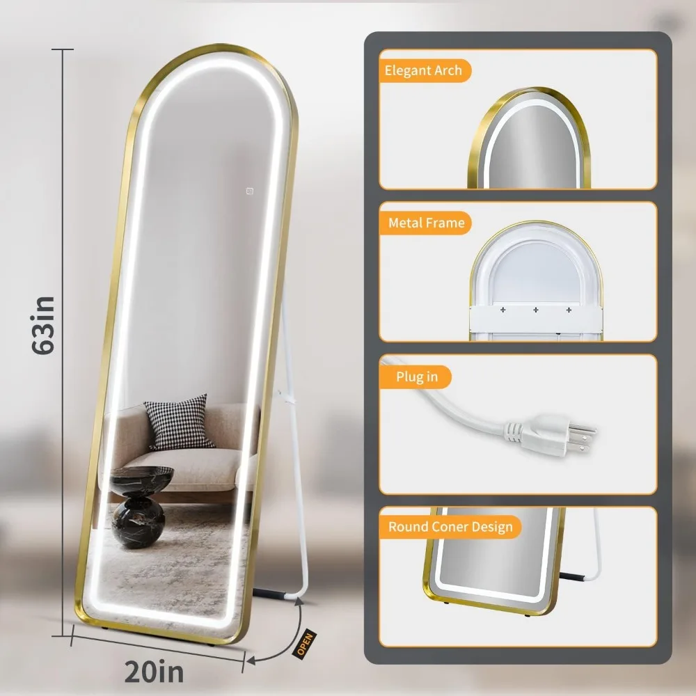 LED Full Length Arch Mirror, pendurado Vestir Espelho, luzes de comprimento total, corpo, montado na parede, 63 "x 20"