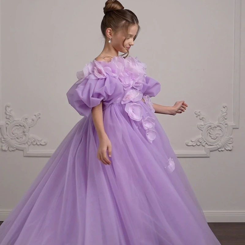 Eightree Elegant Girl Long Wedding Dress 3D Flower Mesh Princess Dress 4-12 Year Old Girl Graduation Party Prom Evening Dress