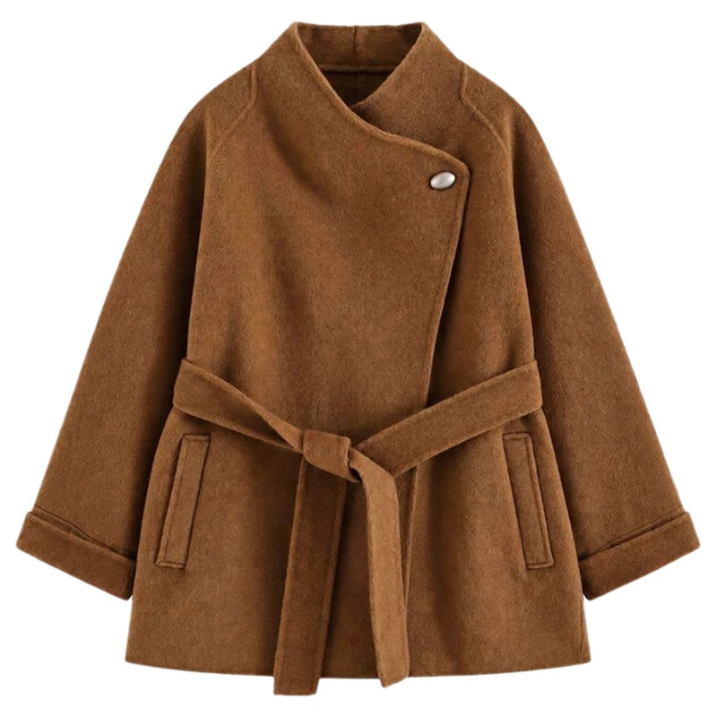 2026 Autumn/Winter new wool coat, elegant, fashionable, laid-back and slimming off-the-shoulder sleeve women's woolen coat