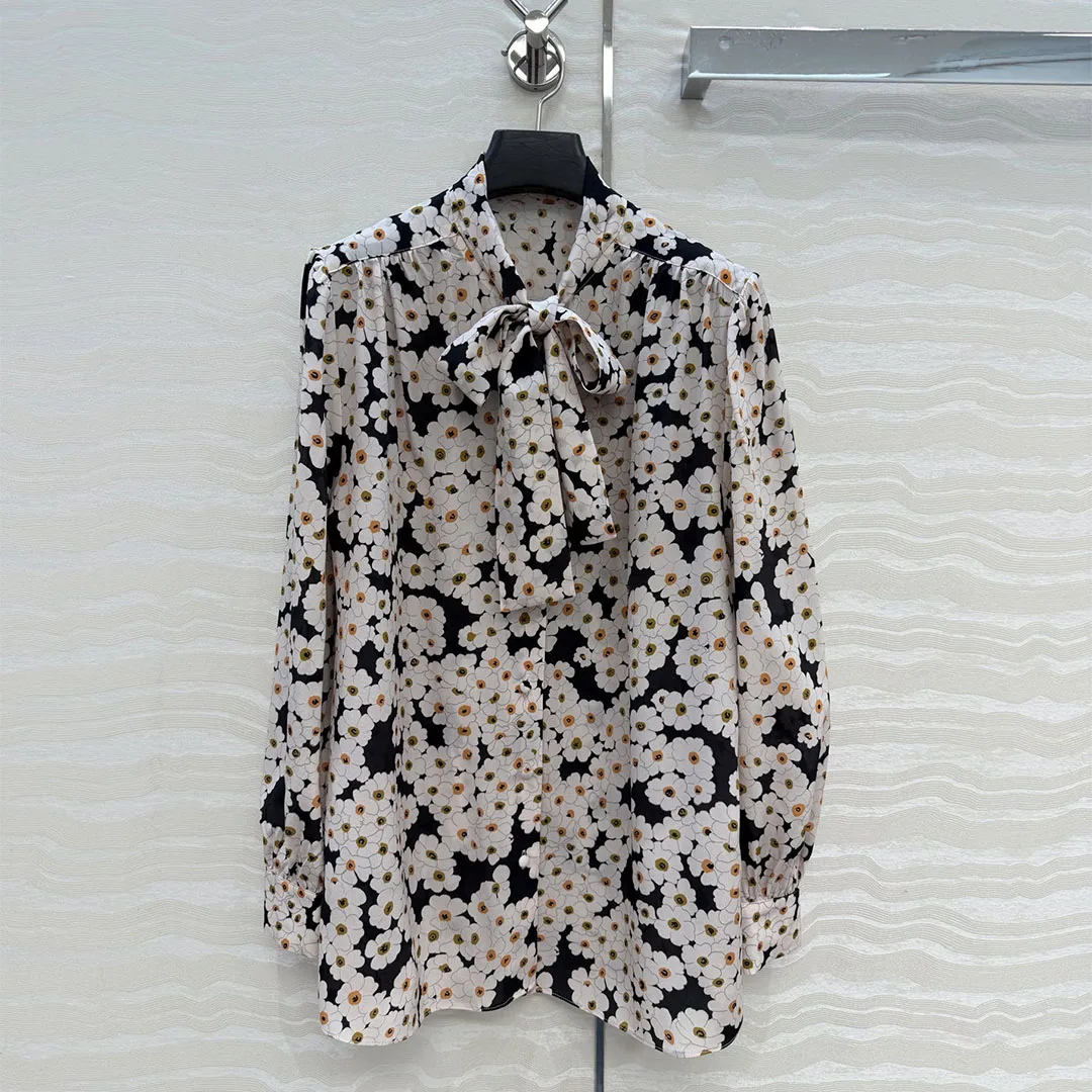 

Рубашка женская из 100% креп-де-шине шелка, ранняя весна 2026, с цветочным узором, воротником-бантом на шнуровке, длинными рукавами, свободного кроя, винтажная, милая блузка