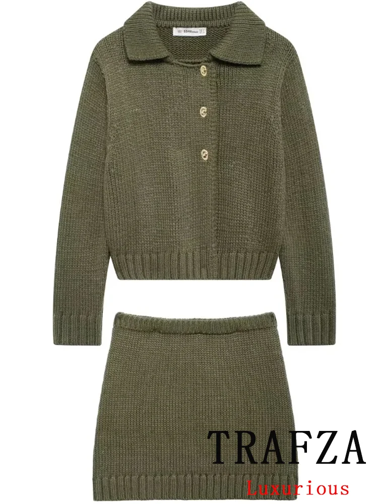 TRAFZA Vintage Chic Solid Women Suit Polo-Neck Button Straight Sweater Mini Slim Skirt Fashion 2024 Autumn Winter Knitted Suit