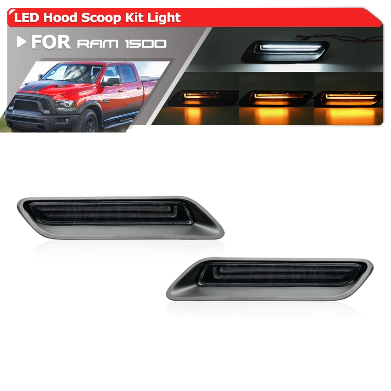 2x For RAM 1500 Sport 2010-2022 Engine Hood Scoop Vent Insert Led Module Kit Dynamic Turn Signal Blinkers White DRL Postion Lamp