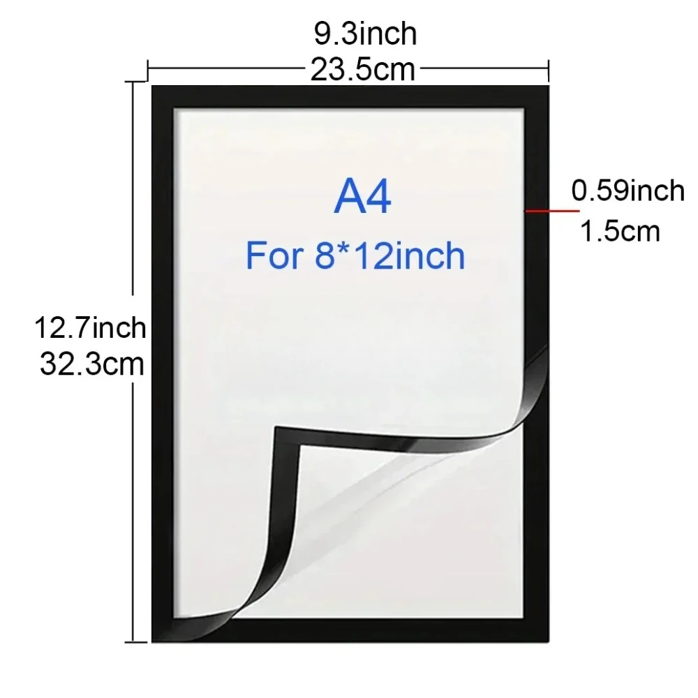 3/5/10PCS Rectangular Magnetic Photo Frame A4 Black PVC Plastic Self Adhesive No Punch Display Frame Reusable Wall Poster Frame