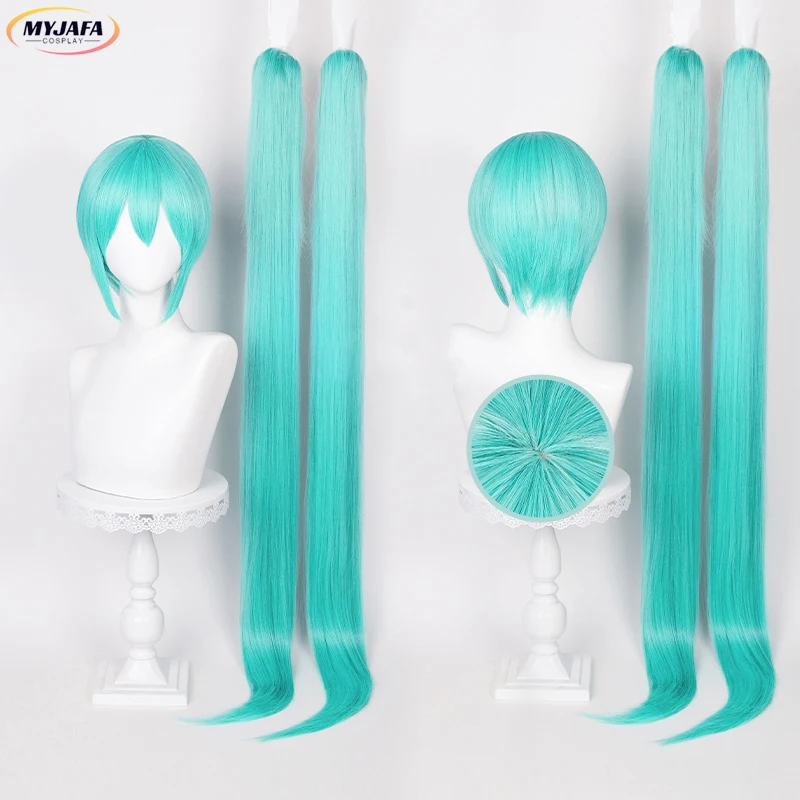 115cm Miku Cosplay Wig Anime Long Ponytails Short Hair Straight Wig Heat Resistant Synthetic Hair Role Play Wigs + Wig Cap