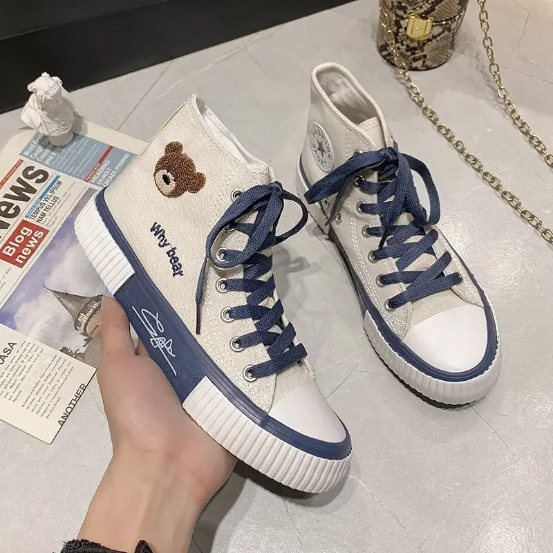 2024 Spring Summer Fashion Bear Women Canvas Shoes High-top Canvas Shoes Lace Up Casual Sneakers Female Off White Shoes Sneakers