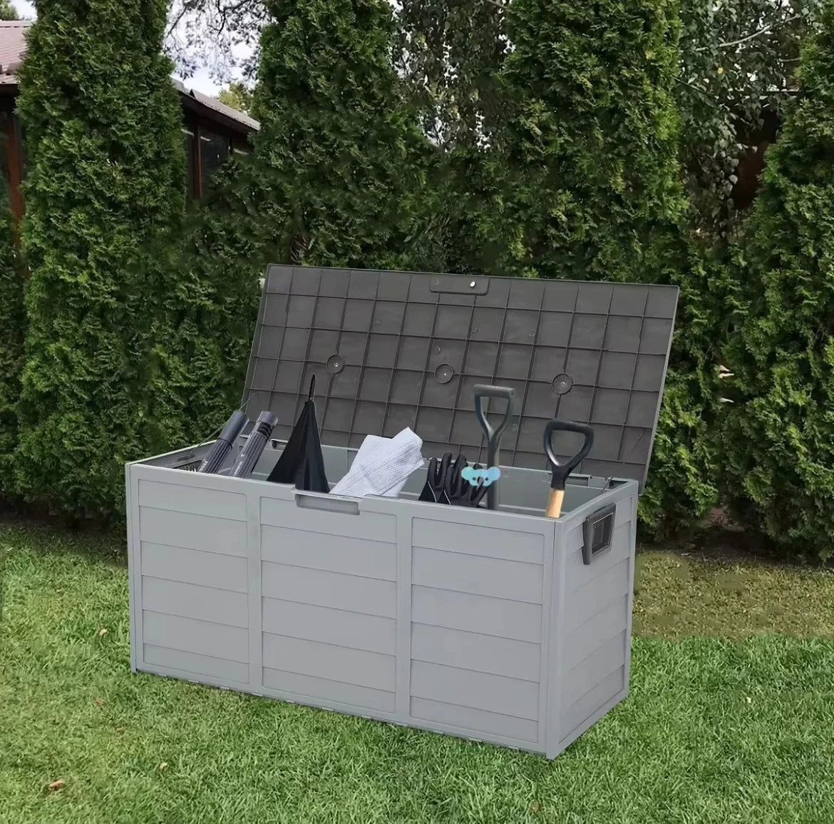 260L Outdoor Garden Storage Deck Box 75gal Plastic Rectangular Home Organizer Lockable Seat Injection for Tools Cushions Toys