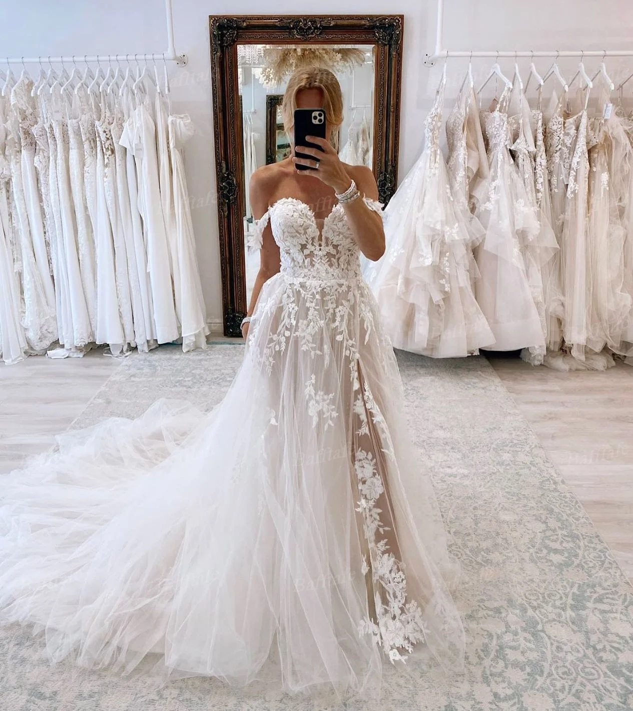 Bafftafe Exquisite Appliques Lace Boho Wedding Dresses Tulle Off The Shoulder Slit Customized Bridal Gowns Formal Party Dress