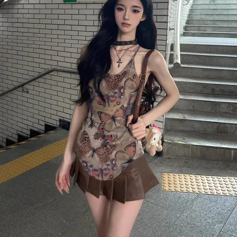 Elegant Fashion Harajuku Slim Fit Female Clothes Loose Casual All Match Printed Sleeveless Vest High Waist Skirts Two Piece Set