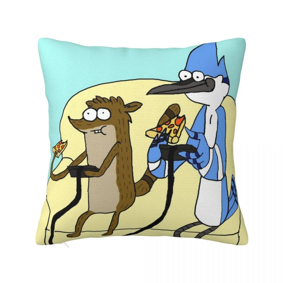 

Rigby and Mordecai Best team, Love for pizza and games Throw Pillow Pillow Cover