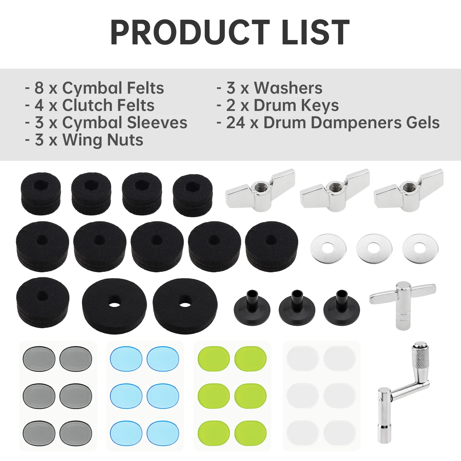 47pcs Cymbal Replacement Kit Drum Dampener Gels for Drum Set Hardware with Cymbal Felts, Clutch Felts,Wing Nuts,Washers,Sleeves