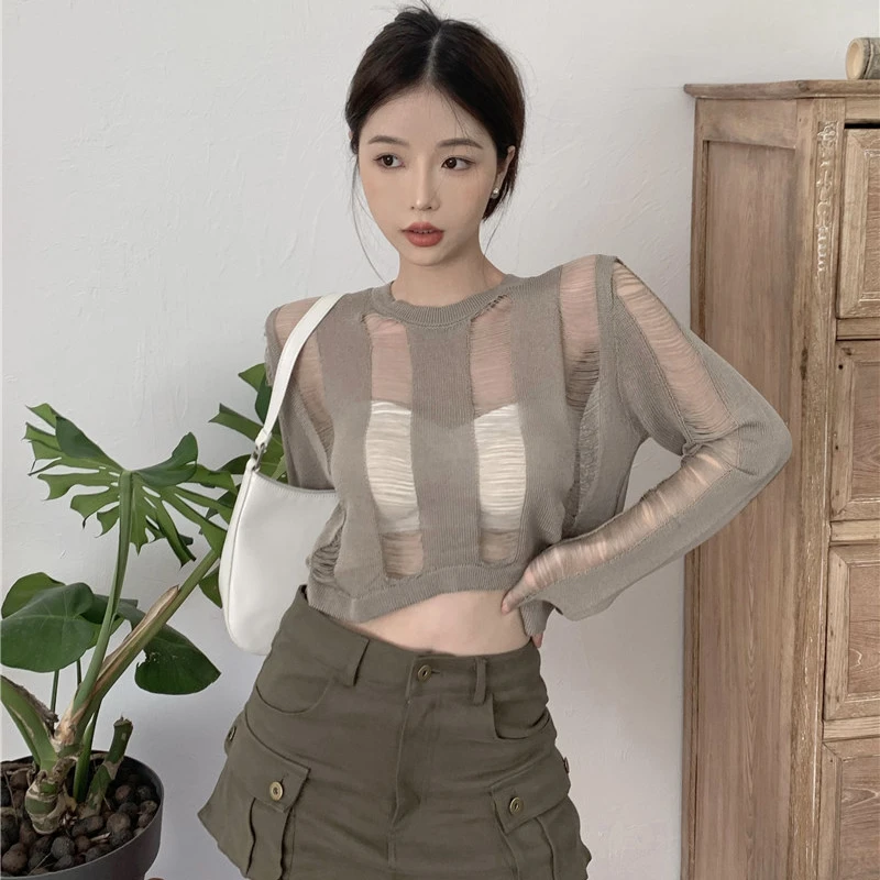 Pullovers Women Transparent Summer Vacation Retro Tender Solid Casual Crops Elegant Korean Style Knitted All-match Sun-proof Ins