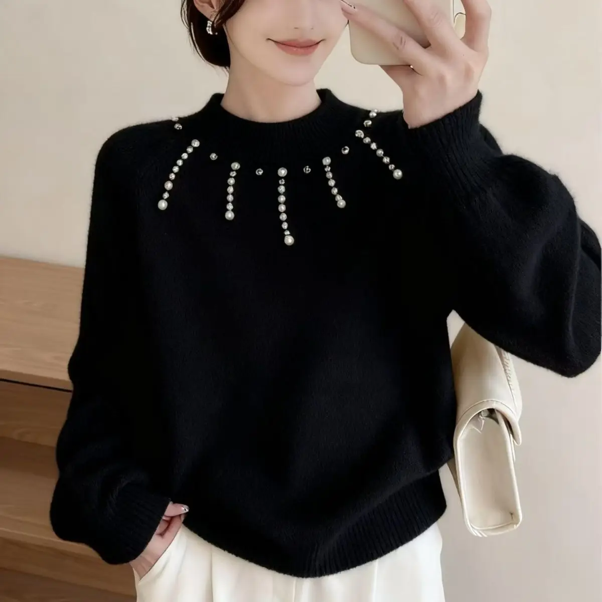 

High-Quality Sweater Women Coat Loose 2025 Autumn Winter Beaded Velvet New Knitwear Top Bottoming Korean Pullover Jacket Female