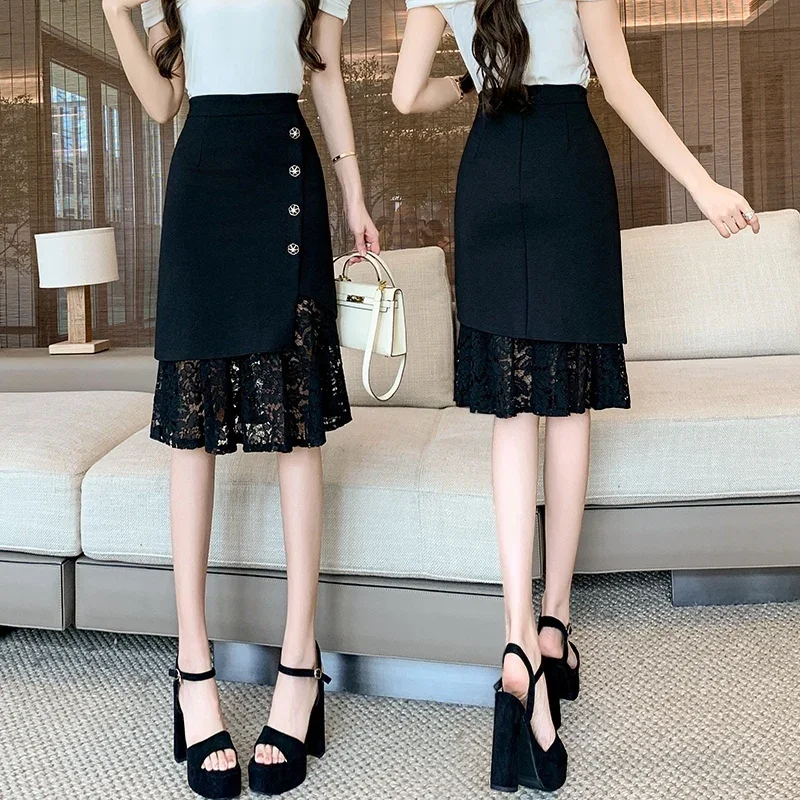 High Waist Pencil Skirt Women New Arrival 2024 Spring Korean Style Patchwork Lace Office Lady Elegant Knee-length Skirts