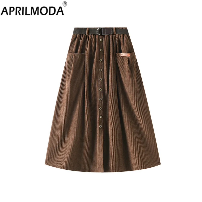 

Corduroy Vintage Midi Long Skirt 2024 High Waist A Line Wrap Casual Skirts with Belt