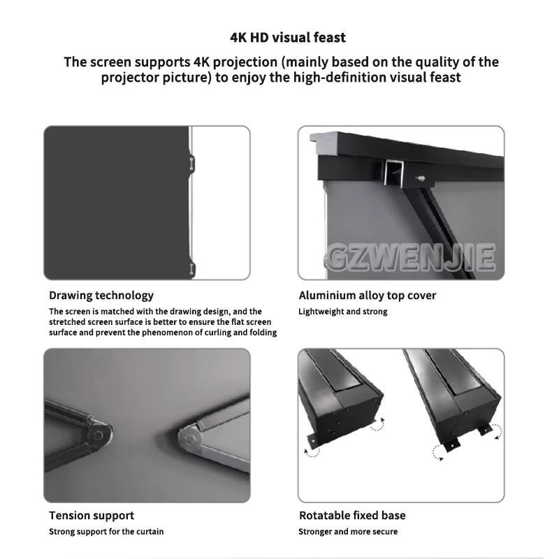 Electric Tab Tension Floor Rising Projection Screen Roll Up Motorized 72-100 Inch Projection Screen For Long Focal Projector