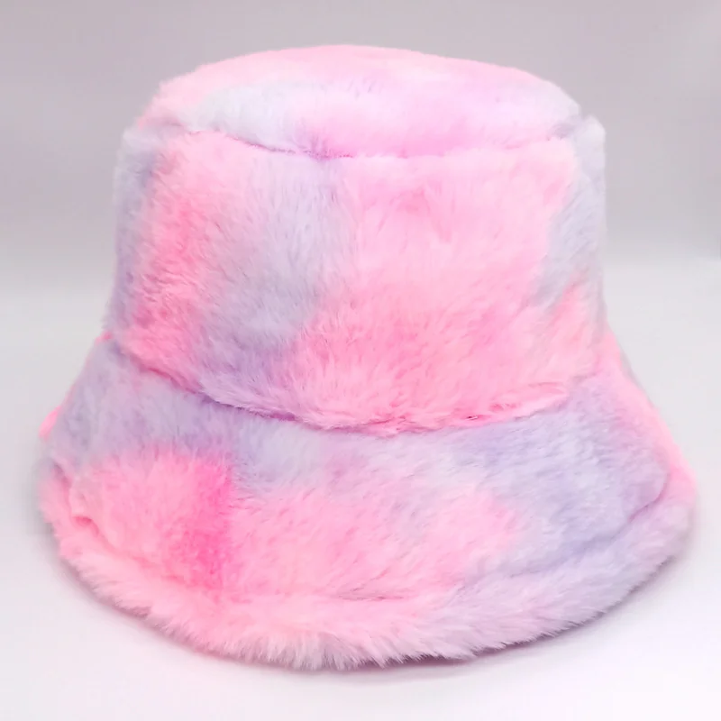 Tie Dye Colorful Plush Bucket Caps Lamb Wool Winter Hats For Women Panama Cap Furry Velvet Rainbow Sun Hats Girl Fisherman Hat