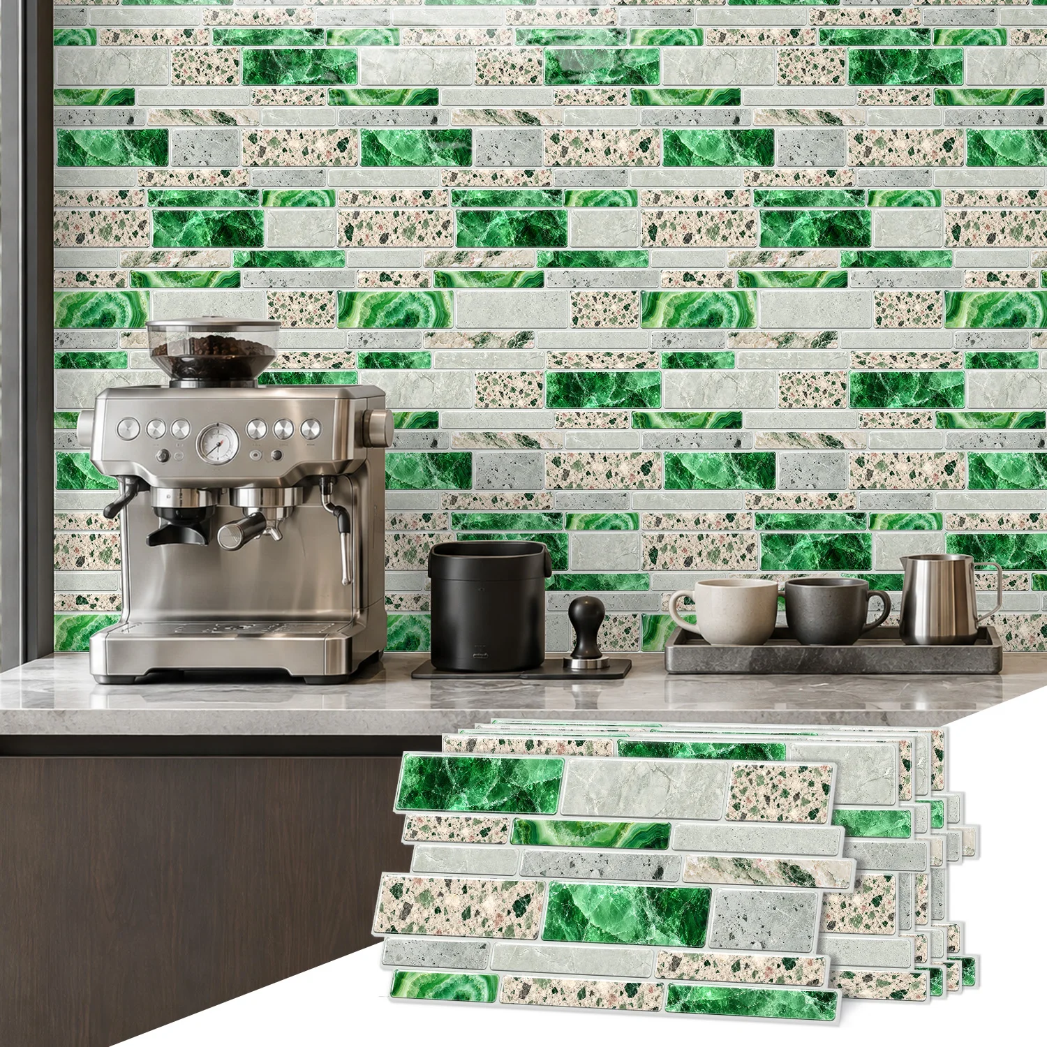 Self Adhesive Green Brick Tile Sticker 12x6 Inch Heat Resistant Strong Adhesive PVC Wall Panel for Home Wall Renovation Decor