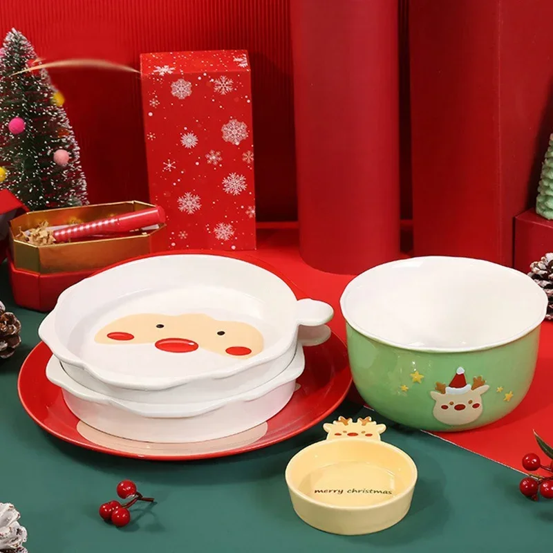 Christmas Ceramic Tableware Bowl Dish Microwaveable Cartoon Santa Elk Dinner Plate Dessert Fruit Plate Breakfast Bowl Xmas Gift