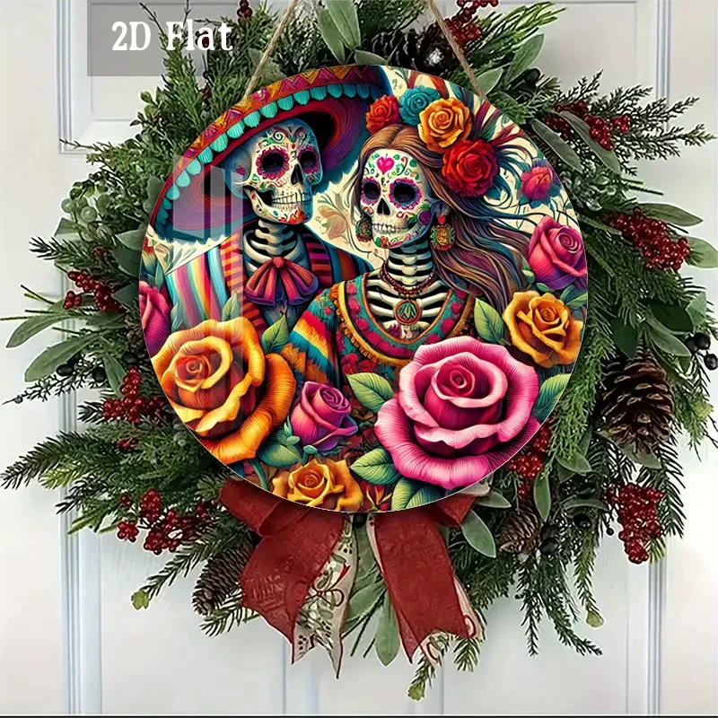 Two dimensional plan, 1-piece set of Day of the Dead wall decoration - traditional Mexican circular wooden panel painting,