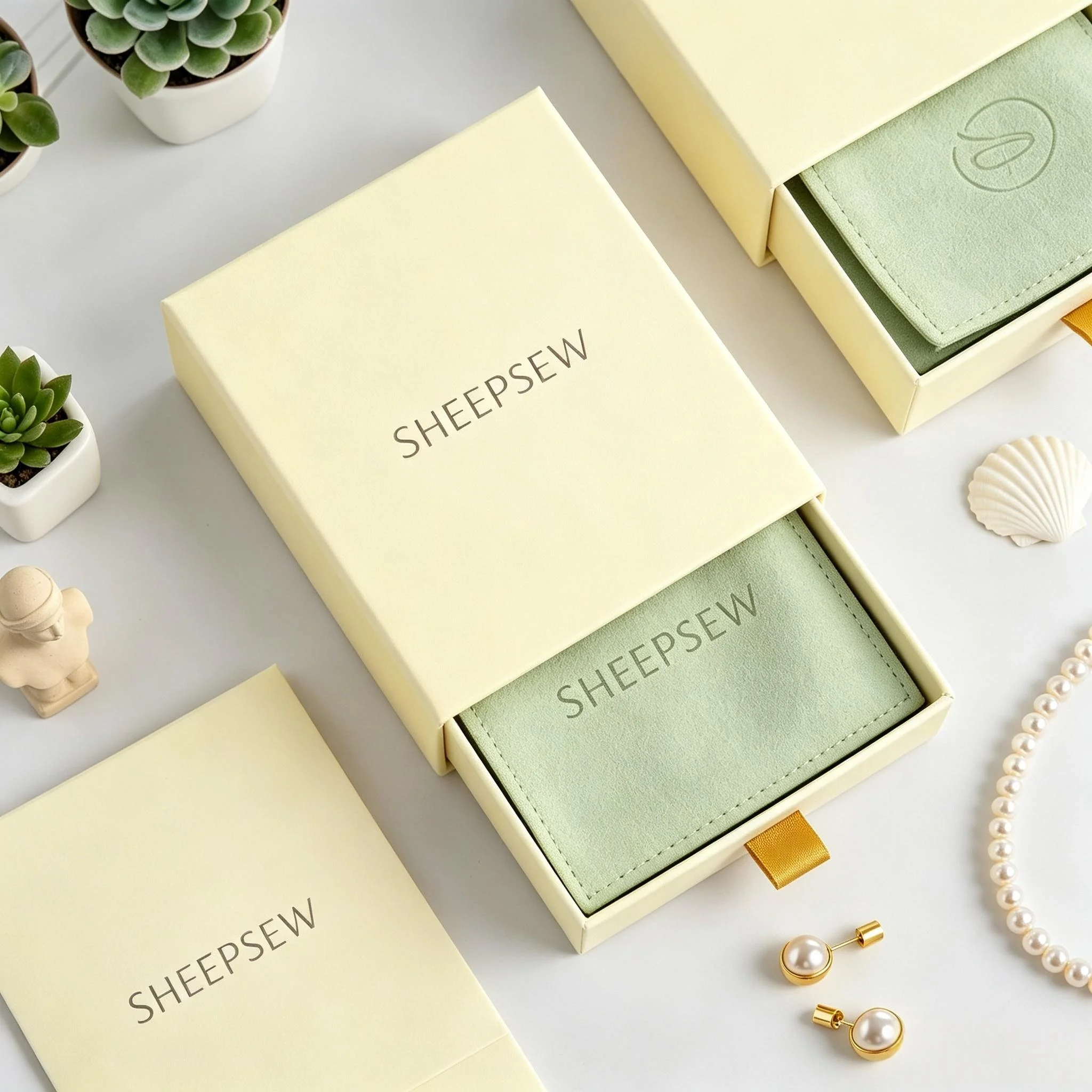 24sets Custom Logo Lovely 9x9x2.5cm Jewelry Drawer Paper Box Insert 8x8cm Microfiber Strip Gift Packaging Bag Wedding Pouches
