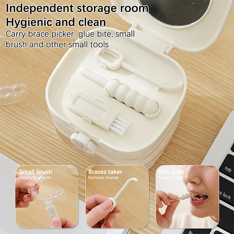 

Portable Mouth Guard Box Retainer Case Oral Cleaning False Teeth Denture Storage Box With Strainer Basket Denture Soak Container