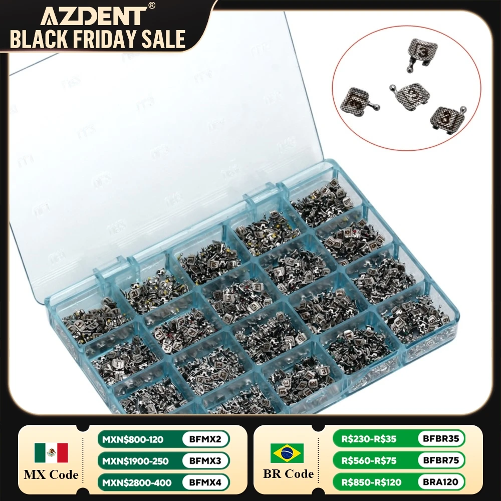 1000pcs/Box Dental Brackets AZDENT Metal Orthodontic Braces Mini Roth 0.022 Hooks 3 4 5 Split Mesh Base Type with Laser Mark