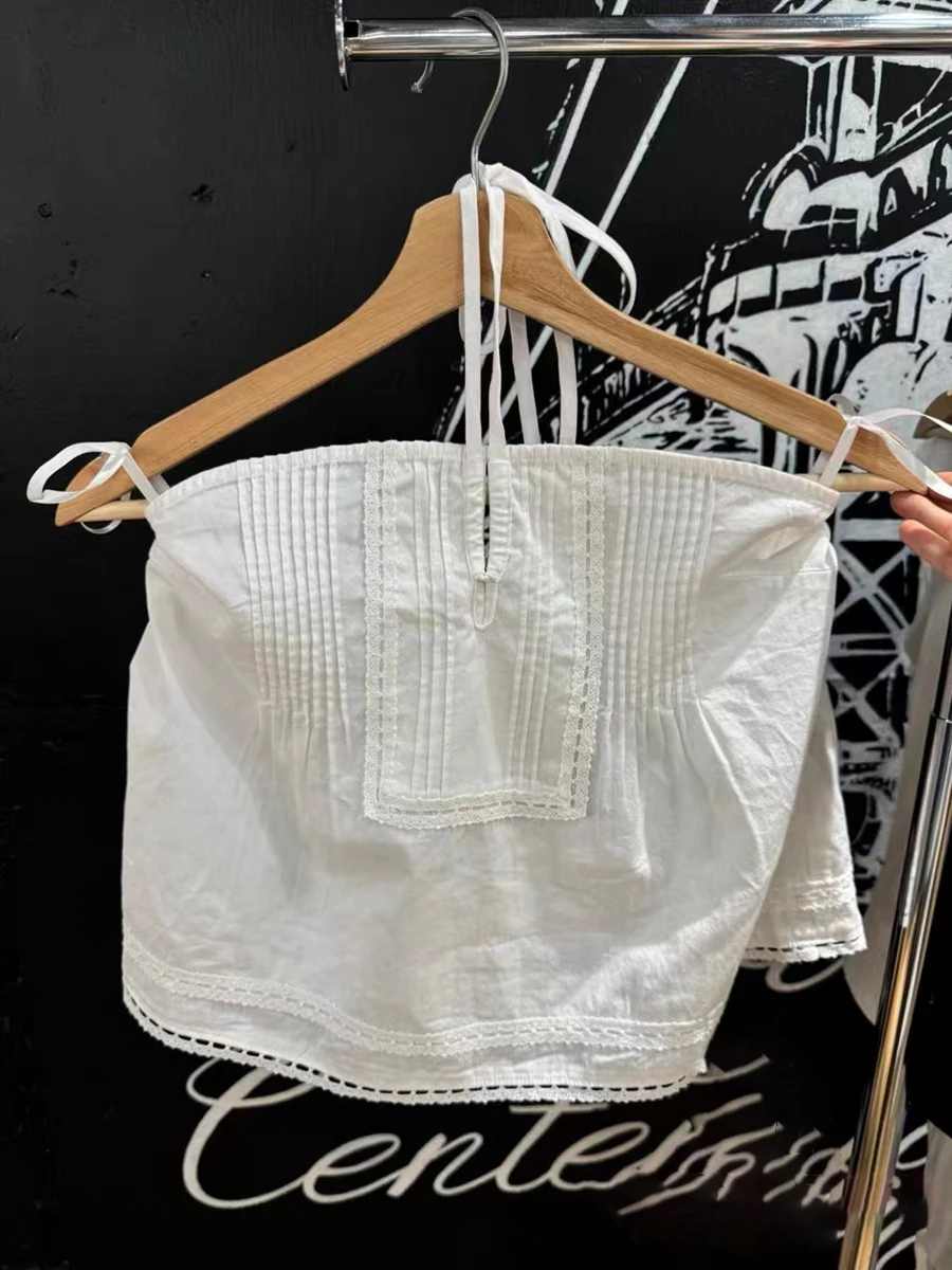 Süße weiße Spitze träger lose Tanktops Frauen sexy rücken freie Baumwolle Knöpfe Neck holder Leibchen solide Vintage niedlichen Sommer Ernte Top y2k