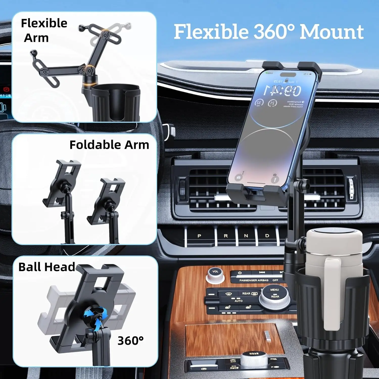 Tablet Holder for Car, 3 in 1 Cup Holder ipad Car Phone Mount with Expander，Adjustable Base and Long Arm for 4-12.9‘’ Tablet