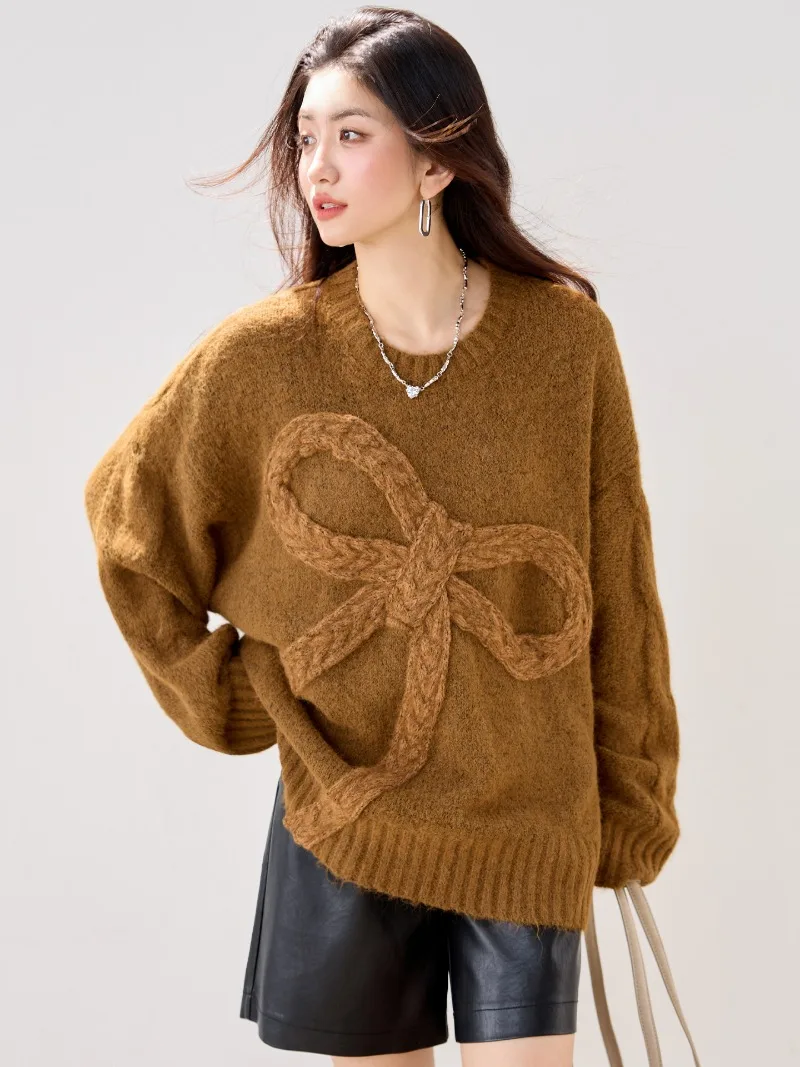 

Korean Chic Sweet Brown Butterfly Knot Knitted Sweater Women 2025 Autumn Winter Loose Casual Versatile Long Sleeve Knitwear Tops