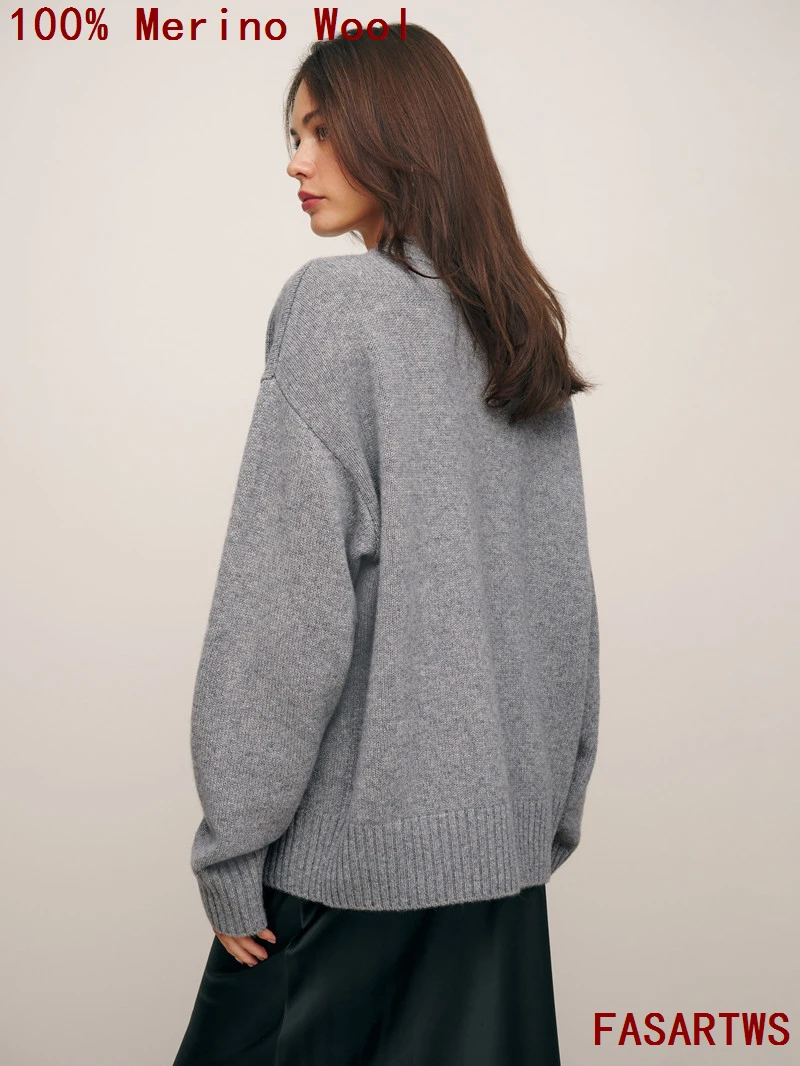 100% سترة صوف خالصة الخريف/الشتاء جديد عادية بلون محبوك القمم كبيرة الخامس الرقبة المرأة حجم كبير فضفاض البلوز قاعدة سترة