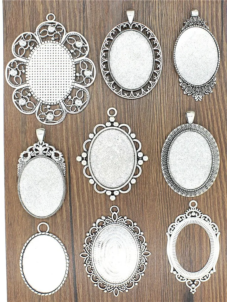 2 sztuk Fit 30x40mm owalne szkła Cabochon baza ustawienie wisiorek taca do biżuterii DIY Making Antique kolor srebrny FM4016 — zdjęcie 2