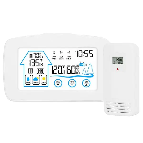 محطة طقس لاسلكية مع ساعة، نطاق 196 قدم، ميزان حرارة داخلي وخارجي، شاشة عرض بإضاءة خلفية تعمل بالبطارية